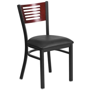 916-XDG6G5BMAHBLKV Restaurant Chair w/ Mahogany Wood Back & Black Vinyl Seat - Steel Frame, Black