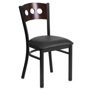 916-XDG6Y2BWALBLKV Restaurant Chair w/ Walnut Wood Back & Black Vinyl Seat - Steel Frame, Bla...