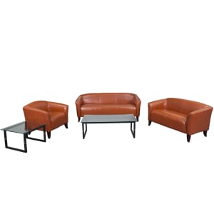 916-111SETCG 3 Piece Reception Set - Cognac LeatherSoft Upholstery, Cherry Wood Feet