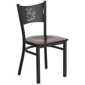 916-XDG60099COFWALW Restaurant Chair w/ Coffee Cutout Back & Walnut Wood Seat - Steel Frame, Black
