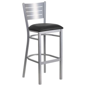 916-XDG60402BBLKV Bar Stool w/ Metal Slat Back & Black Vinyl Seat, Silver
