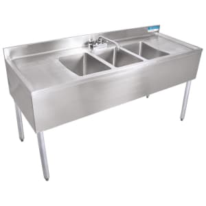 956-UB418360TS 60" 3 Compartment Underbar Sink w/ 10"L x 14"W Bowls, 10"Deep