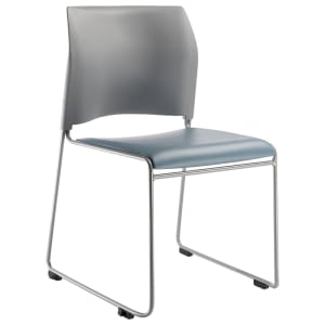 955-87421202 Stacking Chair w/ Gray Plastic Back & Blue Vinyl Seat - Steel Frame, Silver
