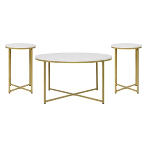 916-NANCEK1787MRBLGG 3 Piece Hampstead Coffee & End Table Set - White Marble Wood Top w/ Brushed Gold Metal Frame 