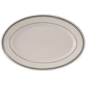 424-TGB013 11 5/8" x 8" Oval Green Bay Platter - Ceramic, American White/Eggshell w/ Green Band