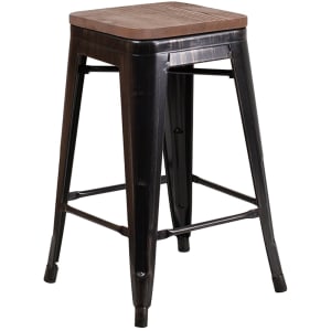 916-CH3132024BQWD Counter Height Backless Stool w/ Wood Seat, Black Antique Gold