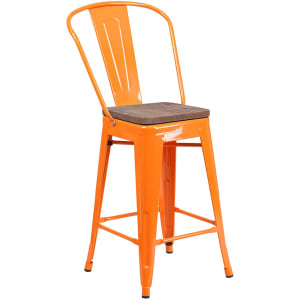 916-CH3132024GBORWD Counter Height Bar Stool w/ Curved Back & Wood Seat, Orange