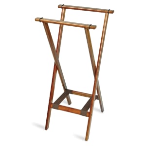 202-1178BSO 38"H Folding Tray Stand w/ Brown Straps - 18 1/2" x 17" Top, Wood Frame w/ Dark Walnut Finish