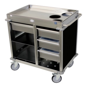 516-BC4L6 Mobile Beverage Service Cart w/ (2) Shelves & (4) Drawers, Stainless Steel/Black Laminate