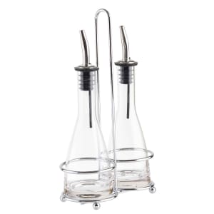 229-611N 6 oz Cruet Set w/ Chrome Rack & Stainless Steel Pourers - Glass, Clear