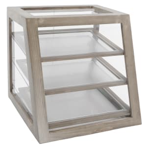 151-3432110 3 Slanted Tier Full Service Pastry Display Case - 21"W x 21 1/2"D x 21 1/2"H, Pine Wood, Gray Wash