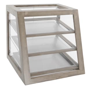 151-3432S110 3 Slanted Tier Self Service Pastry Display Case - 21"W x 21 1/2"D x 21 1/2"H, Pine Wood, Gray Wash
