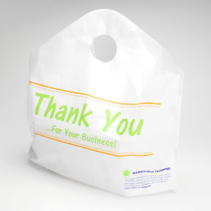 909-TO165146CV Printed Poly Take Out Bag w/ Handles - 16 1/2" x 14" x 6", White