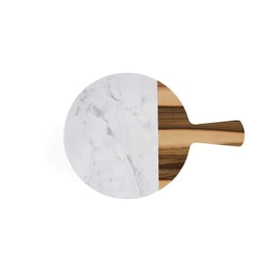 701-M12RWMHWC 12" Round Sierra Serving Board - Melamine, Faux Hickory Wood/ Carrara Marble