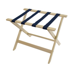 202-177WW Wood Luggage Rack w/ 2 1/4" Navy Blue Straps - 26"W x 17"D x 18 1/2"H, White Wash