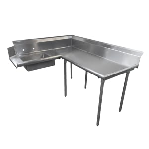 009-DTSK60108R 107" R L Korner Soil Dishtable - 10 1/2" Backsplash, Galvanized Legs, 14 ga Stainless
