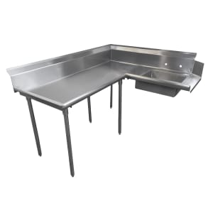 009-DTSK60120L 119" L R Korner Soil Dishtable - 10 1/2" Backsplash, Galvanized Legs, 14 ga Stainless