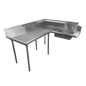 009-DTSK60108L 107" L R Korner Soil Dishtable - 10 1/2" Backsplash, Galvanized Legs, 14 ga Stainless