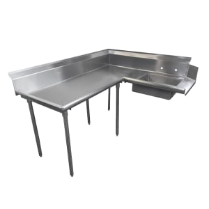 009-DTSK60144L 143" L R Korner Soil Dishtable - 10 1/2" Backsplash, Galvanized Legs, 14 ga Stainless