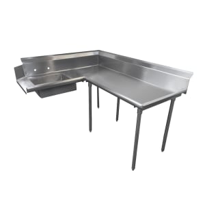 009-DTSK60144R 143" R L Korner Soil Dishtable - 10 1/2" Backsplash, Galvanized Legs, 14 ga Stainless