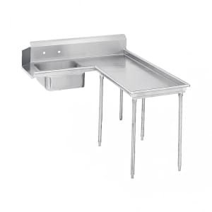 009-DTSG60144R 143" R L Island Soil Dishtable - 10 1/2" Backsplash, Galvanized Legs, 14 ga Stainless