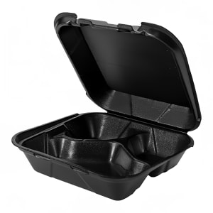642-579590 Hinged Lid Food Container - 8"L x 8"W x 3"H, Foam, Black
