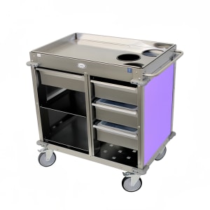 516-BC4L7 Mobile Beverage Service Cart w/ (2) Shelves & (4) Drawers - Stainless Steel/Purple Laminate