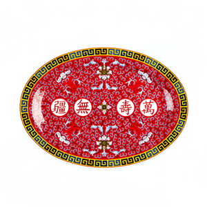 438-2008TR 8" x 6" Oval Longevity Platter - Melamine, Red/White
