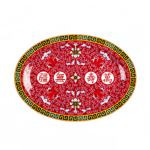 438-2012TR 12" x 8 5/8" Oval Longevity Platter - Melamine, Red/White