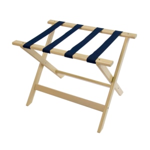 202-177WW1 Wood Luggage Rack w/ 2 1/4" Navy Blue Straps - 26"W x 17"D x 18 1/2"H, White Wash