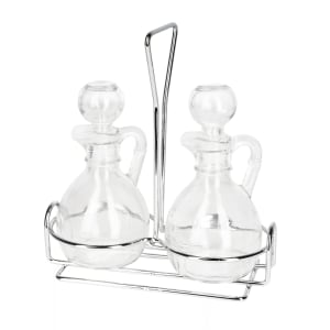 634-80371 6 oz Cruet Set w/ Wire Rack & Glass Stoppers - Glass, Clear
