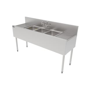 199-TS60M3DBSTK 60" 3 Compartment Sink w/ 10"L x 14"W Bowl, 9 1/4" Deep