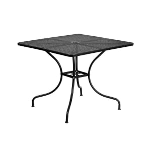 916-CO6BK 35 1/2" Square Patio Table w/ Rain Flower Design Top & Umbrella Hole - Steel, Black