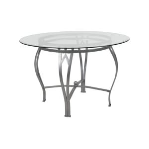 916-XUTBG23GG 45" Round Syracuse Dining Table w/ Glass Top - 29 1/2"H, Metal Frame, Silver