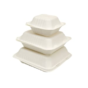 538-EHL66 Hinged To Go Container - 6" x 6" x 3", Bagasse, Natural