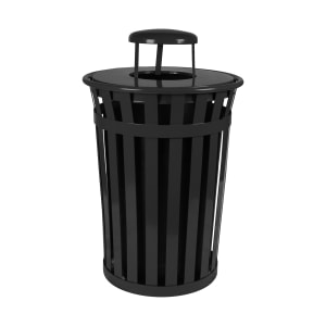 125-M3601RCBK 36 Gallon Outdoor Flat Bar Trash Can w/ Rain Cap Lid, Black