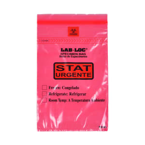 909-LABZ69RST Lab-Loc® Specimen Bags w/ Removable Biohazard Symbol - 6" x 9", Printed "STAT", Polyethylene, Red