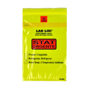 909-LABZ69YST Lab-Loc® Specimen Bags w/ Removable Biohazard Symbol - 6" x 9", Printed "STAT", Polyethylene, Yellow