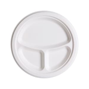 188-EPP093NFA Vanguard® WorldView™ 9" Round Disposable Plate w/ (3) Compartments - Molded Fiber, White