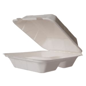 690-WHBRG83HW (3) Compartment Hinged Lid Food Container - 8" x 8", Molded Fiber, White