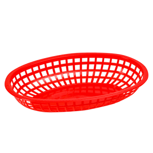 080-POBR Oval Fast Food Basket - 10 1/4" x 6 3/4" x 2", Heavy Duty Premium Plastic, Red