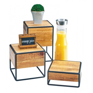 151-3562399 8" Square Buffet Riser - 3 3/4"H, Wood/Black Metal