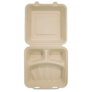 791-TCA9X93CB200IN 9" Square Disposable To Go Food Container w/ (3) Compartments - Molded Fiber, Natural