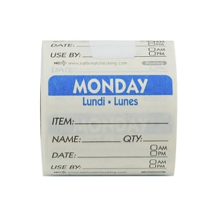 790-724079 Square Dissolving Write On Food Storage Label - 2" x 2", Monday, Blue