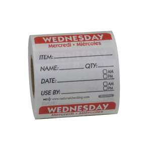 790-724082 Square Dissolving Write On Food Storage Label - 2" x 2", Wednesday, Red