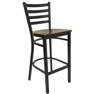 999-M051 Bar Stool w/ Black Powder Coated Steel Ladder Back, Mahogany Wood Seat