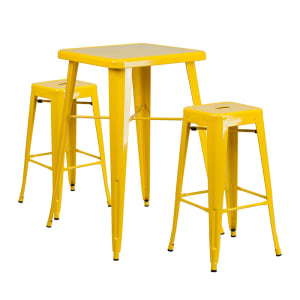 999-M197 27 3/4" Square Bar Height Table w/ (2) Bar Stool Set - Yellow Steel Top, Steel Base