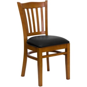999-M054 Restaurant Chair w/ Vertical Slat Back & Black Vinyl Seat - Beechwood, Cherry Finish
