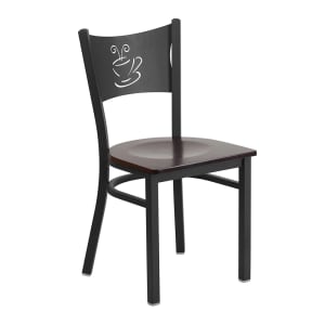 999-M112 Restaurant Chair w/ Coffee Cutout Back & Walnut Wood Seat - Steel Frame, Black