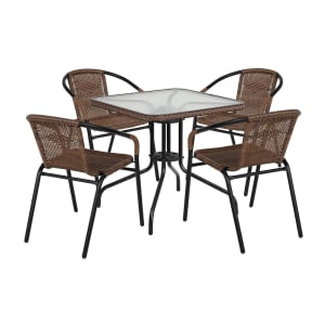 999-M226 28" Square Patio Table w/ (4) Brown Rattan Arm Chairs - Glass Top, Black Powder Coated Metal Base